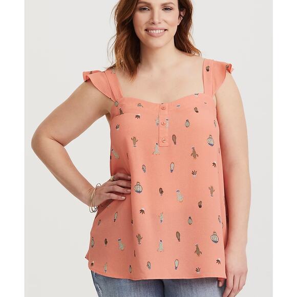 Torrid Coral Pink Cactus Print Button Down Cap Sleeve Tank Top Plus Size 0X - Picture 1 of 9